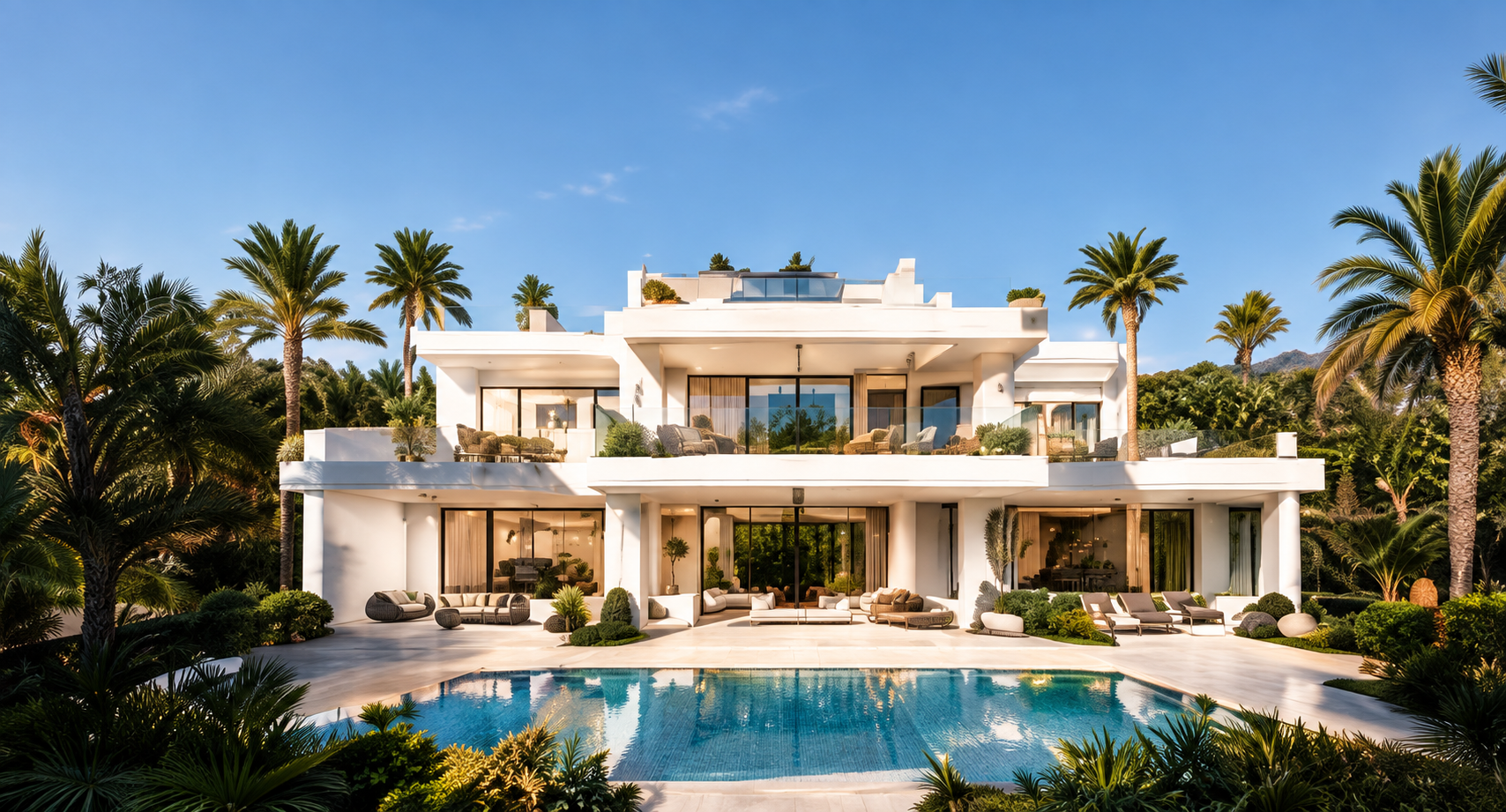 Villa con piscina y palmeras en Marbella