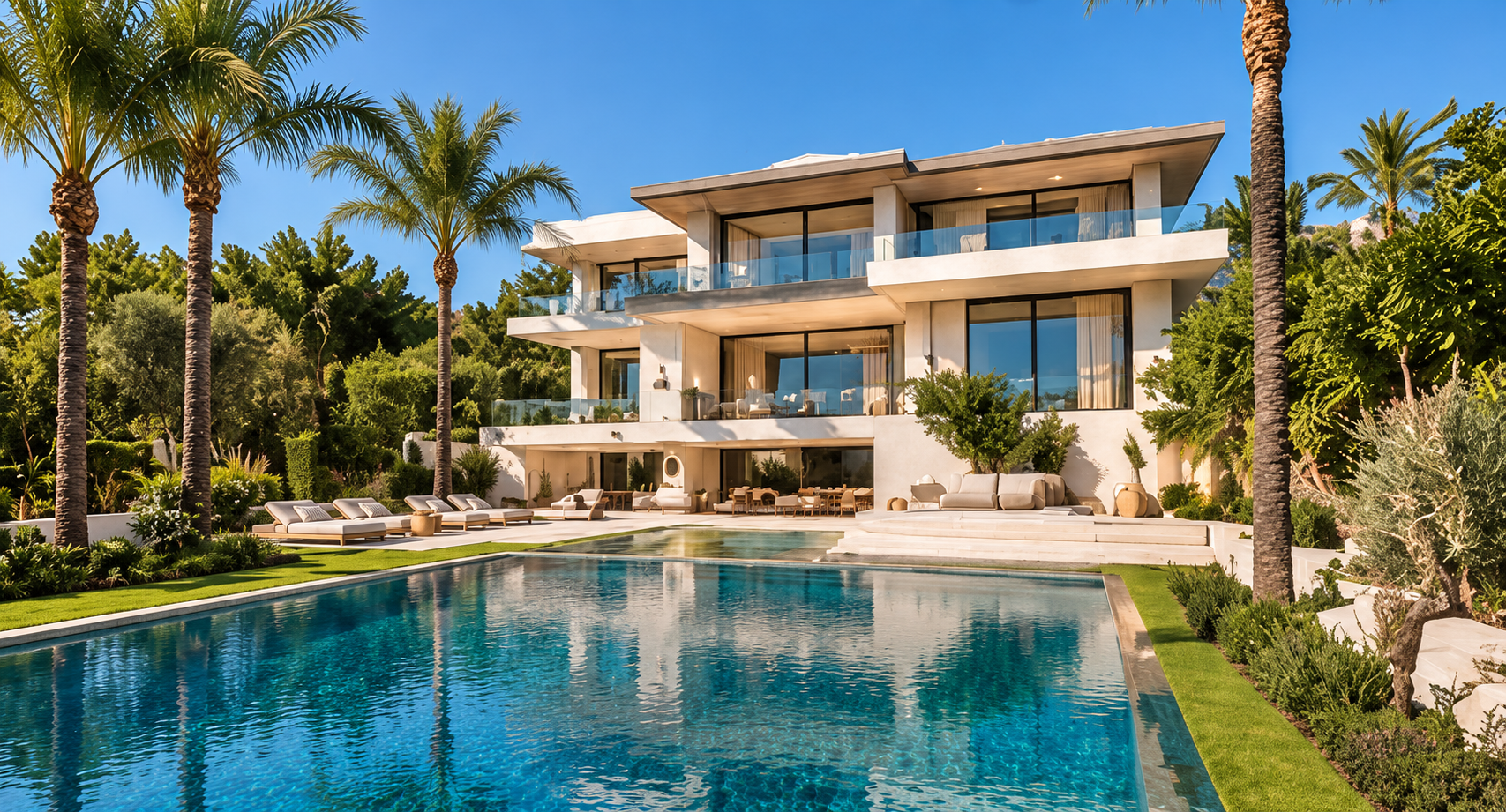 Villa Retreat, fachada contemporánea y piscina en Los Naranjos