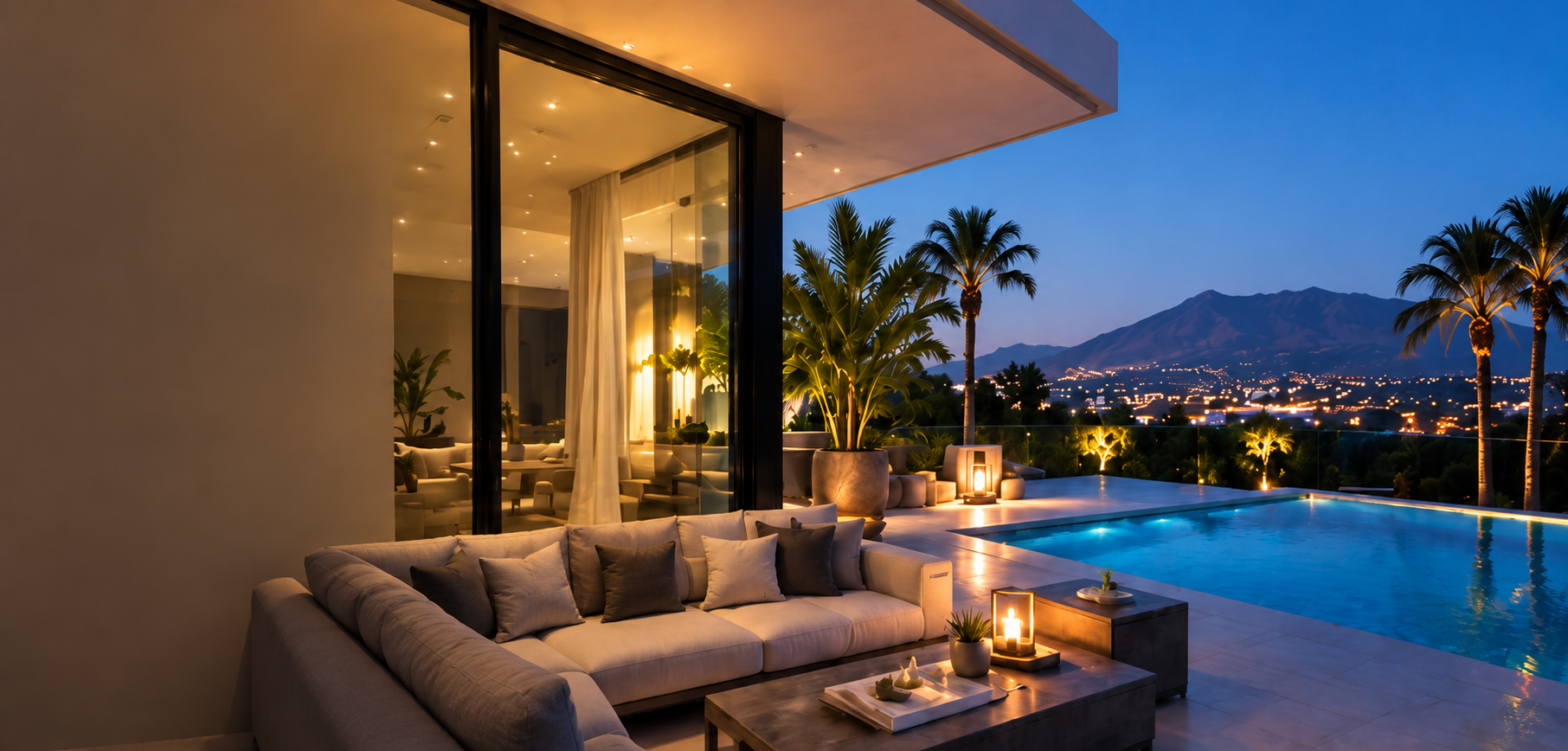 Villa con piscina y vistas a Marbella al atardecer