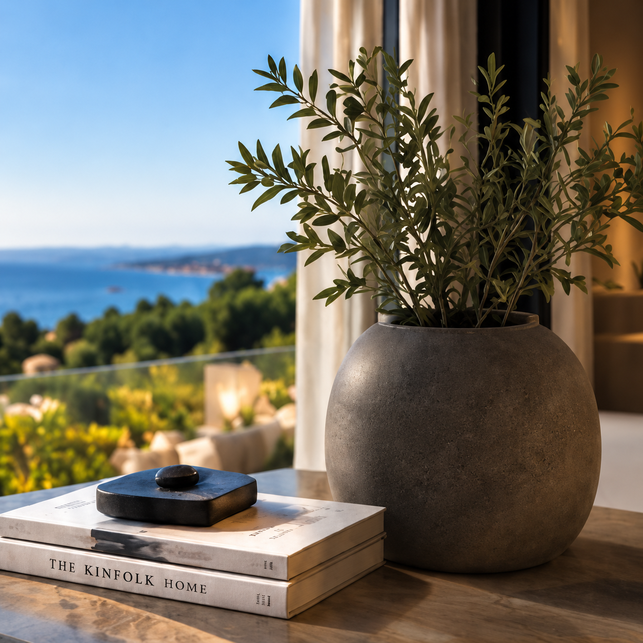 Olivo y libros junto a una terraza con vistas al mar