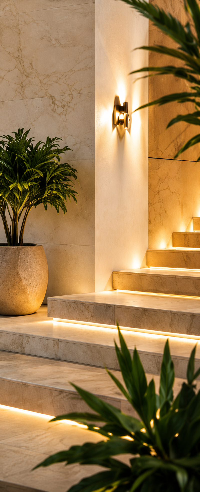 Escalera mediterránea de piedra con iluminación cálida y vegetación