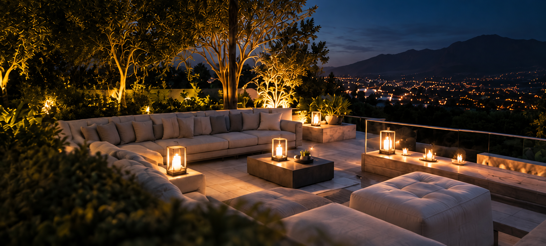 Terraza nocturna con velas y vistas a Marbella