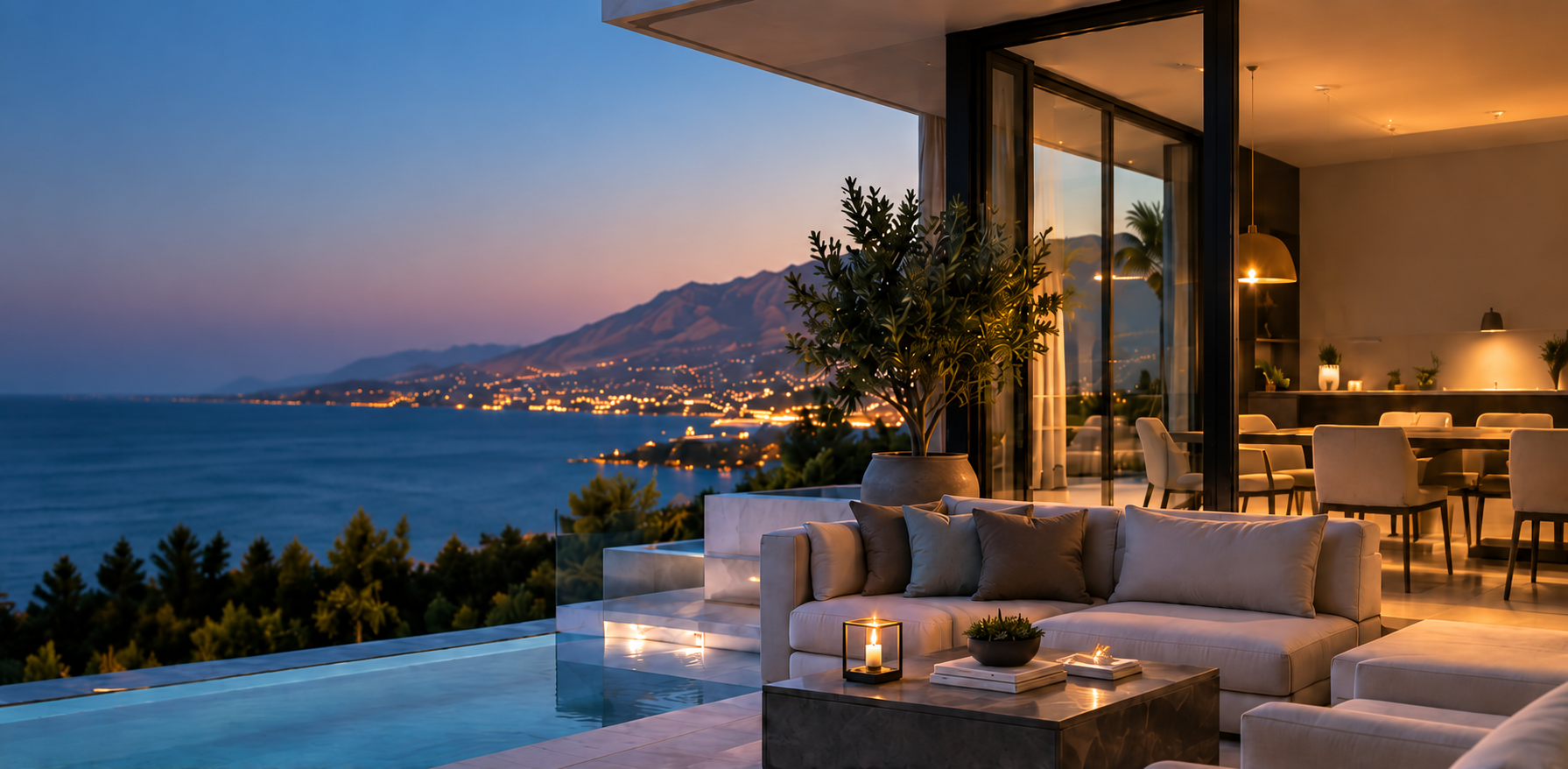 Terraza de una villa frente al mar de Marbella al atardecer
